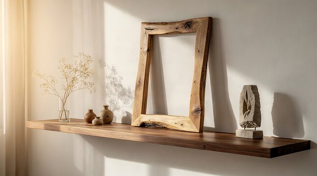 Rustic wooden shelf with decorative objects and natural light.