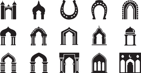Black silhouette collection of various architectural structures and towers against white background © DS STORE