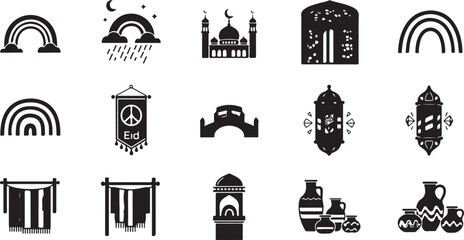 Islamic architecture landmarks and symbols in black and white mosque minaret dome crescent moon star © DS STORE