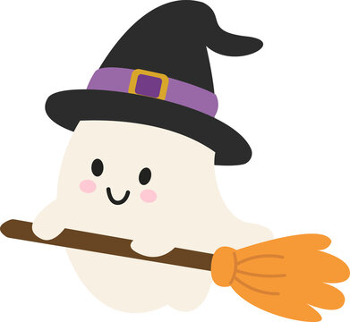 Cute Halloween Ghost Riding Broom Flat Vector Illustration
