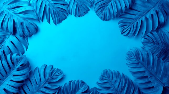 Vibrant blue monstera leaves frame a central space