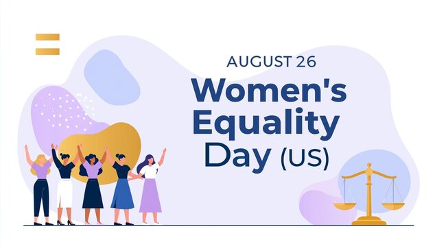 Women's Equality Day August 26 Banner with Diverse Women and Equality Symbols