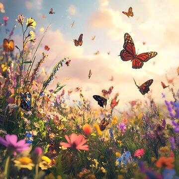 Vibrant meadow with monarch and swallowtail butterflies in sunlight