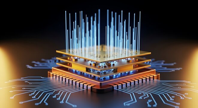 Advanced computer processor chip with glowing blue data light beams