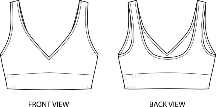 Technical fashion flat sketch of a women's sports bra bralette with front and back views