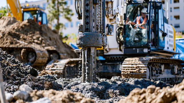 Wide construction scene featuring a hydraulic drilling rig installing an artesian well, churned mud, flowing groundwater, excavated soil piles, and tracked machinery across the worksite under crisp 