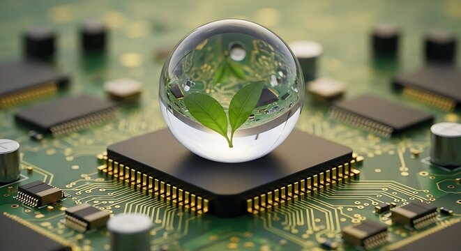 Green leaf inside a glass sphere on top of a computer circuit board