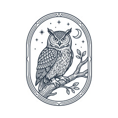 Naklejka premium Majestic Owl Perched on Branch Under Starry Night Sky.