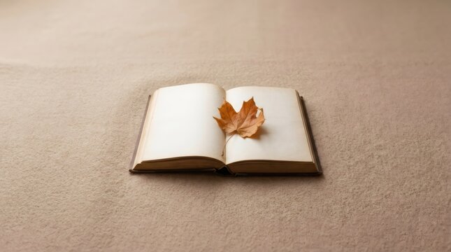 Open book with a dry maple leaf on the empty pages. Concept of autumn mood, knowledge and cozy reading time. Literary background with copy space for quotes or education text inspiration.
