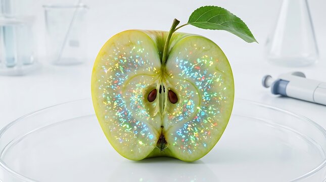 Green apple slice containing shimmering holographic particles rests inside a laboratory petri dish to illustrate innovative food science research and genetic modification concepts.