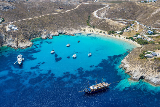 Aerial view of the popular beach Psili Ammos and Serifos island, Cyclades, Greece
