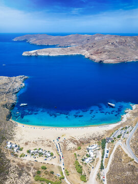 Panoramic aerial view of the beautiful beach at Vagia on Serifos island, Cyclades, Greece