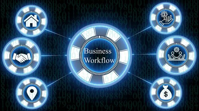 Business workflow concept with glowing blue circular and digital binary code background featuring various corporate symbols and text