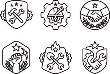 Fototapeta premium Labor and industrial construction badge line icon set with hammer, wrench, gear, handshake, hardhat, shovel, and worker fist