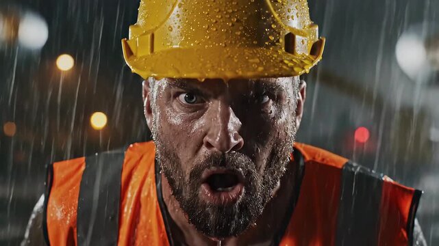 Caucasian foreman battling stormy night. Drenched close-up of bearded foreman in yellow hard hat and reflective vest, bright site lights and traffic bokeh behind him, raindrops and water