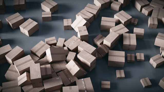 Pile of scattered cardboard boxes on the floor. 3d rendering