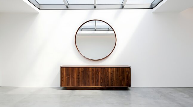 Modern minimalist interior design with a round mirror above a wooden console table.