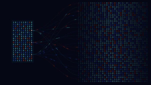 Binary code digits scrolling in glowing horizontal bit streams for cyber security data processing background.