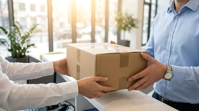 Person handing over cardboard delivery box to recipient in bright modern office environment