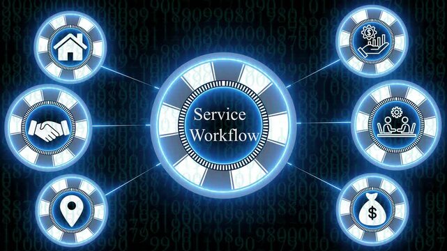 Service workflow diagram with glowing blue circular featuring business symbols connected to a central hub on a dark digital binary background