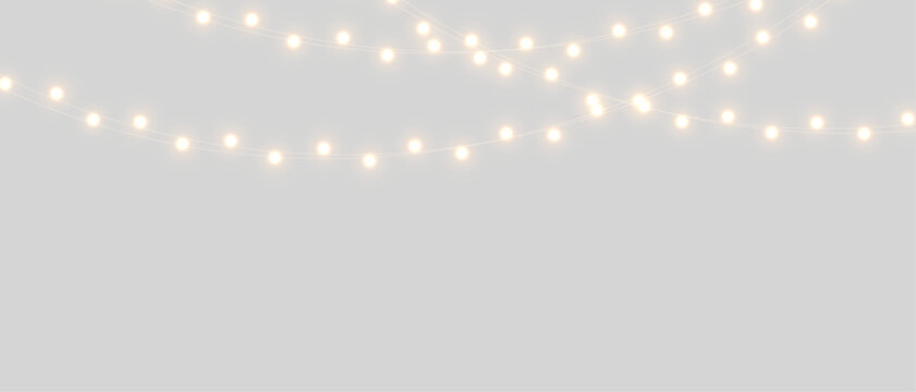 PNG Christmas lights with glowing bulbs for holiday cards and banners overlay background