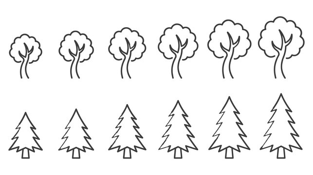 Outline set of trees showing growth stages, simple line drawings.
