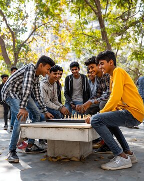 Group of teenage boys playing chess on stone table in autumn park