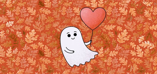 Fototapeta premium A charming ghost clutching a heart balloon, set against a backdrop of vibrant fall leaves for Halloween greetings.