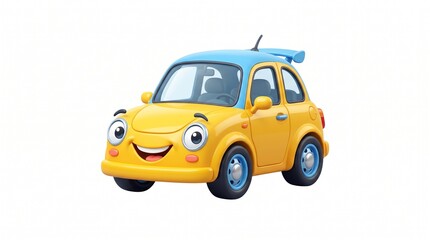 Fototapeta premium Cheerful yellow cartoon toy car with happy smiling face isolated on white background for kids design