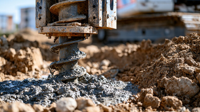 Industrial well drilling equipment extracting an artesian water source under strong midday sunlight, rotating drill pipe pushing through the ground, muddy slurry flowing across freshly disturbed soi