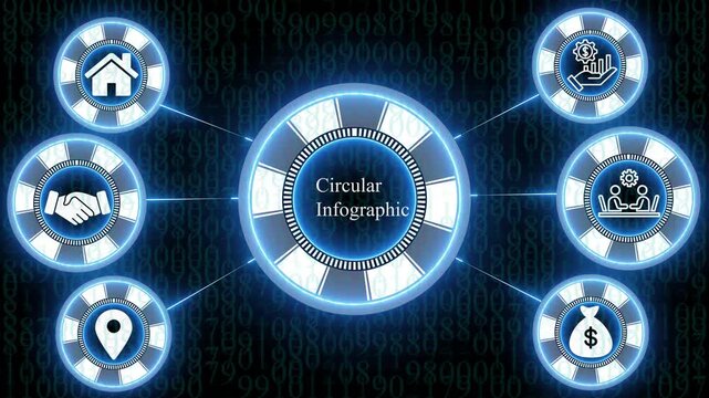 Circular infographic concept with glowing blue circular and digital binary code background featuring business symbols and network connections