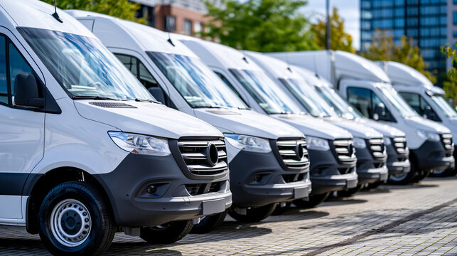 Long row of brand new modern delivery vans and commercial trucks parked neatly outdoors under bright daylight, clean fleet vehicles prepared for logistics operations, organized transportation yard, 