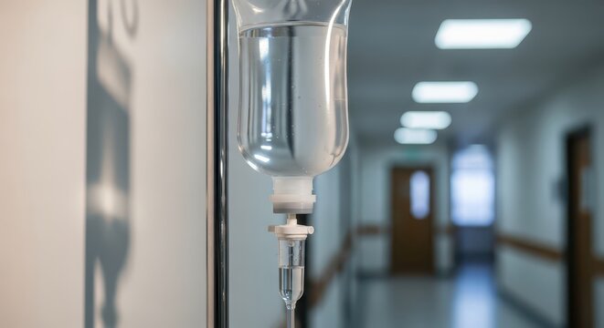 Intravenous drip bag hanging in a hospital hallway, fluid dripping, medical treatment, and care