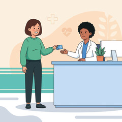 Obraz premium Patient Pays Doctor with Credit Card at Medical Clinic Reception, Healthcare Service