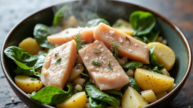 Warm bowl holds sliced salmon with herbs and potatoes. Fresh spinach adds vibrant greens to the dish. Salty seasoning and steam suggest a freshly prepared meal