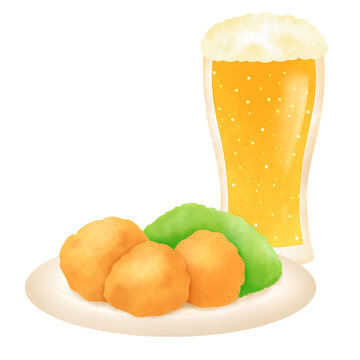 グラスに注がれた生ビールとからあげのイラスト
