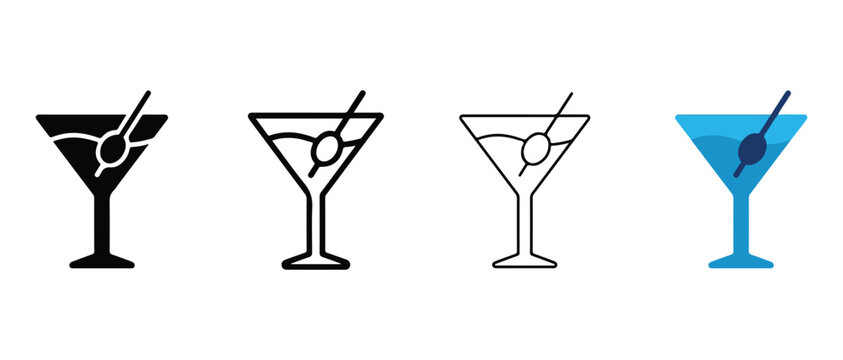 martini glass icons with cocktail stirrers in different artistic line styles isolated on transparent background