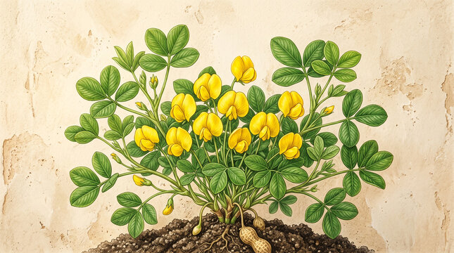 Peanut plant with yellow flowers. Botanical illustration of Arachis hypogaea in soil.