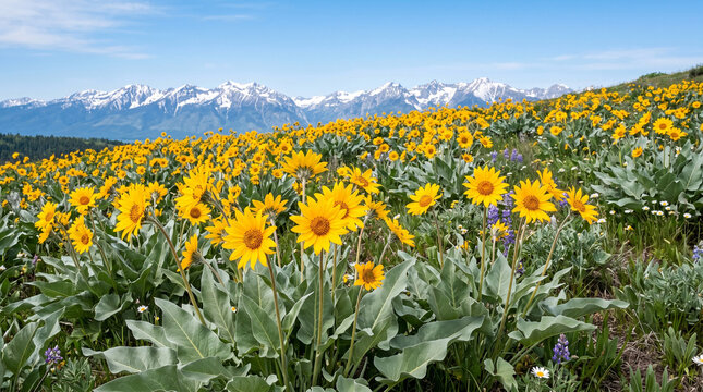 Yellow wildflowers in a mountain meadow. Alpine landscape with blooming balsamroot flowers.