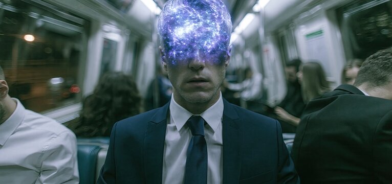 Galaxy-headed businessman rides subway through an abstract futuristic cityscape, symbolizing imagination and modern commuting.