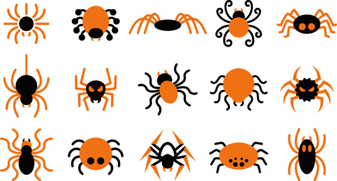 Set of cute cartoon spider stickers for Halloween decoration featuring various funny arachnid characters on white background