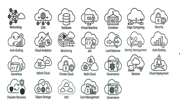 Cloud Computing, DevOps, Virtual Machine, Container, API and Edge Computing Outline Icon Set Editable Vector Collection