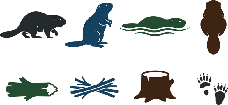 Beaver Vector Silhouette Set Featuring Swimming Poses, Logs, Tree Stumps, Twigs, and Animal Paw Prints for Logo Design