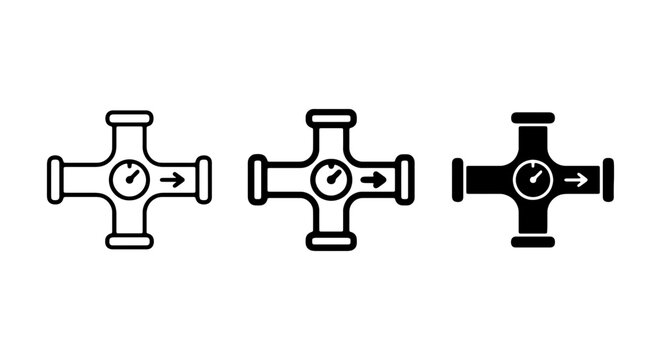 Plumbing Cross Connector Icons, Water Flow Symbols, Industrial Pipe Fitting Graphics