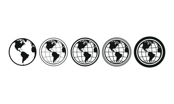 Earth globe icons set with grids and borders on white background
