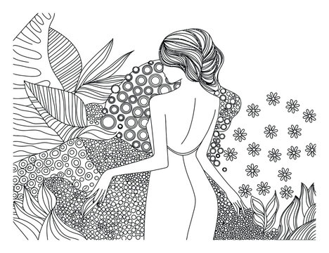 Dibujo para colorear de una mujer en un jard&iacute;n con estampado floral y abstracto
