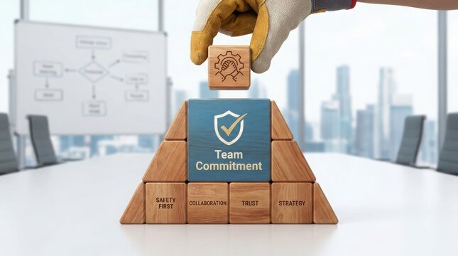 Team commitment concept with stacked cardboard boxes and city background