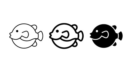 Pufferfish Icons: Cute Marine Life Vector Set, Simple Outline and Silhouette Styles © MR