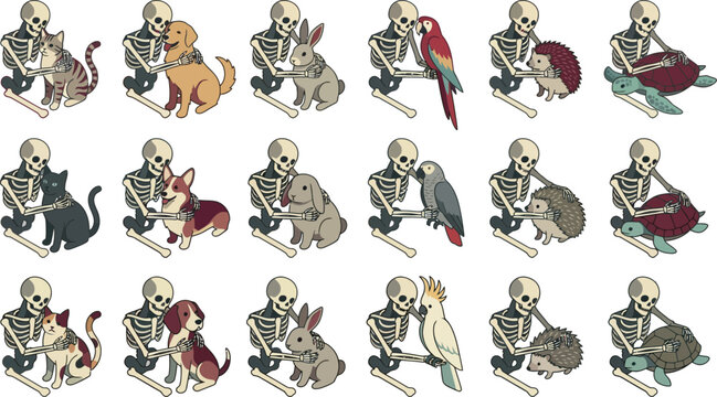 Set of human skeletons holding various cute pets like dogs cats rabbits birds and hedgehogs Vector