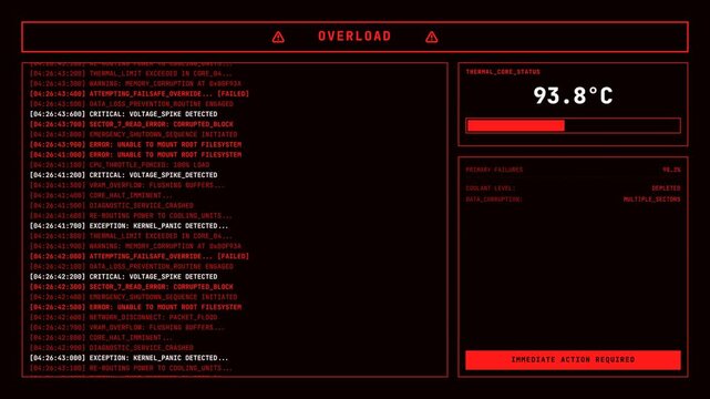 System Overload Digital HUD Interface with Red Warning Text Scrolling and Temperature Rising for Tech UI